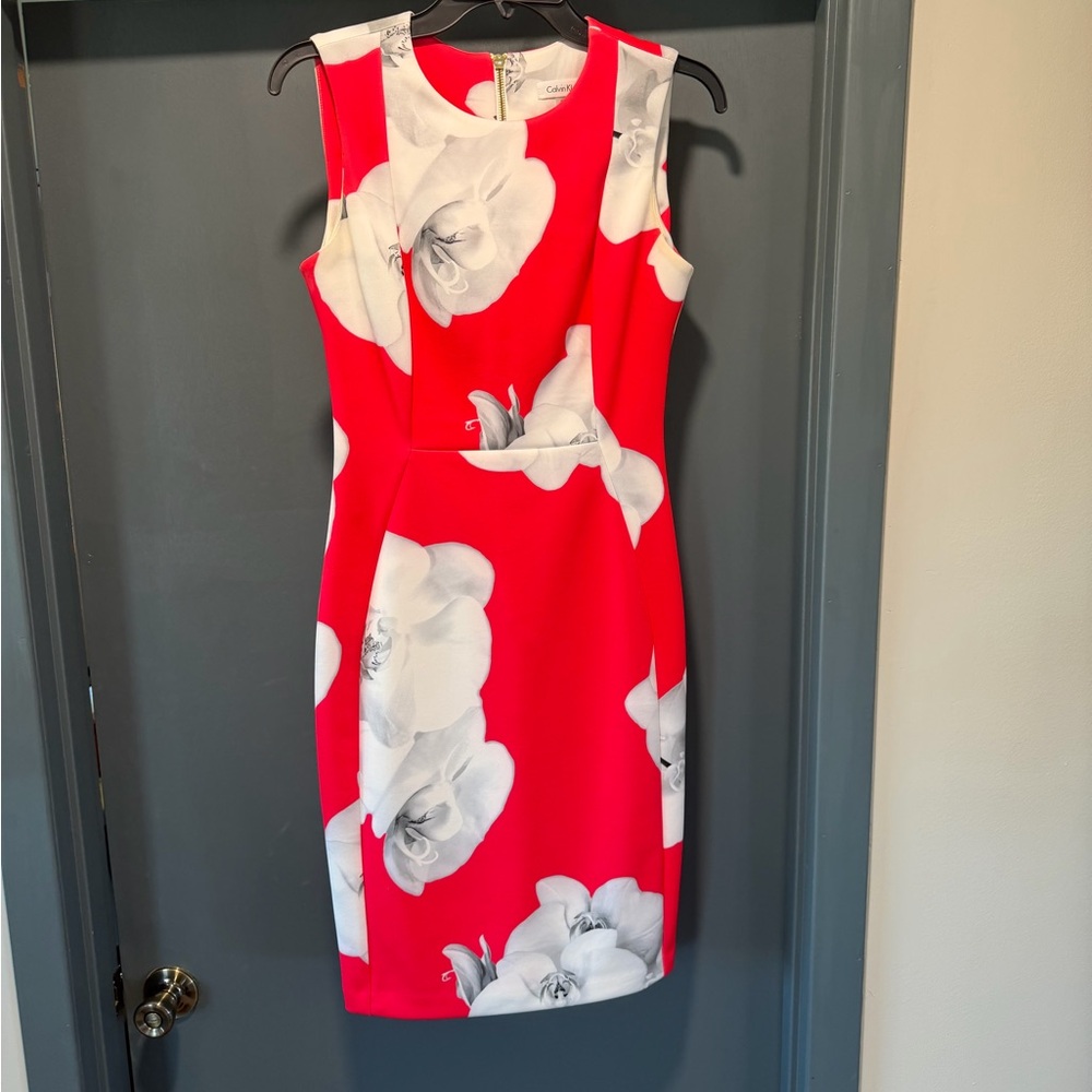 Calvin Klein Red and White Floral Midi Dress